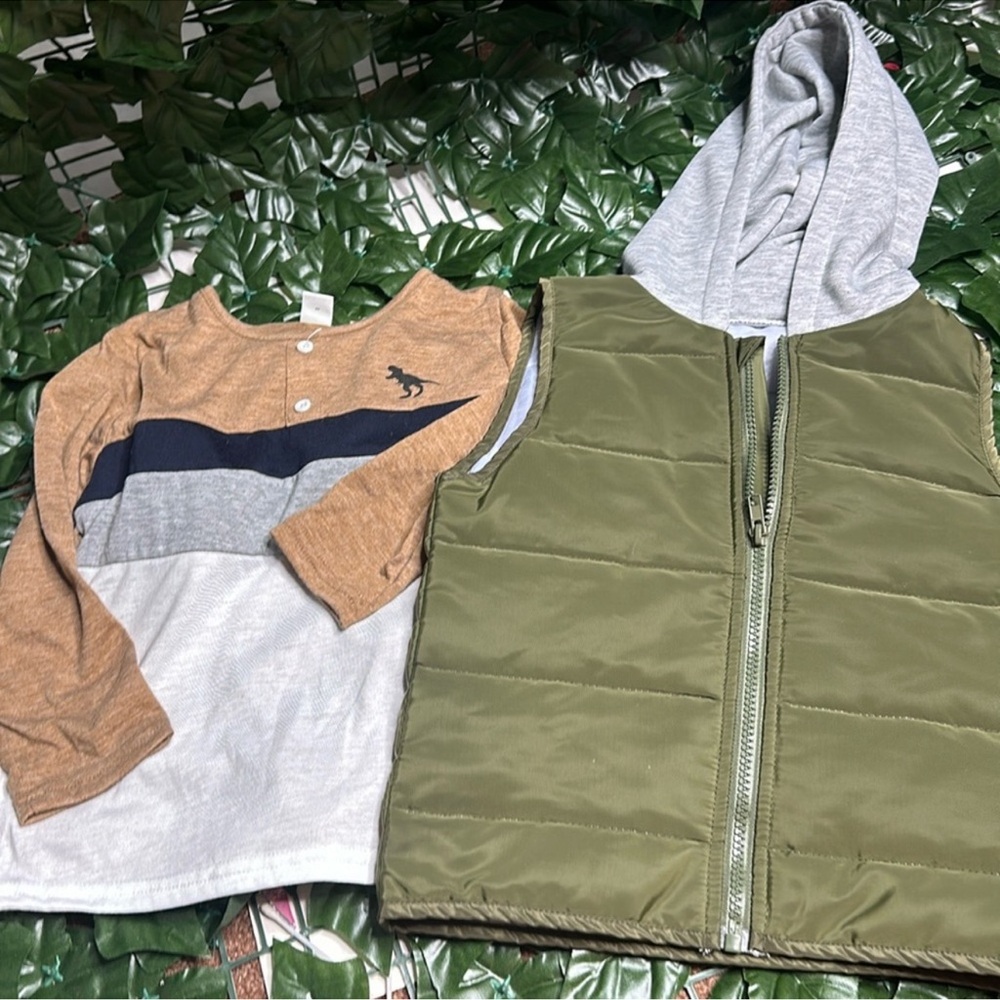 Green Puffer Vest and Tan Long Sleeve Shirt Set